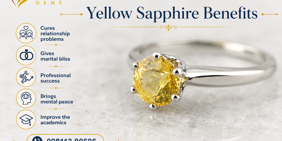 Natural Certified Yellow Sapphire (Pukhraj) gemstone associated with Planet Jupiter (Guru), believed to bring wisdom, prosperity, success, and positive energy. Top 10 Benefits of Wearing Yellow Sapphire (Pukhraj) Gemstone Alt Text